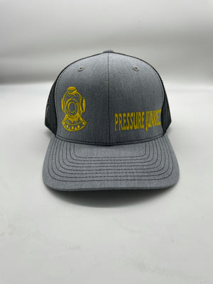 Gray/ black snap back trucker hat. Yellow dive hat, yellow writing