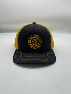 Black/yellow snap back trucker hat. Pressure Junkiez logo