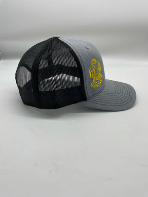 Gray/ black snap back trucker hat. Yellow dive hat, yellow writing