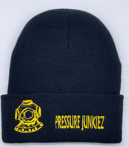 Black Watch cap beanie. Yellow dive hat, yellow writing.